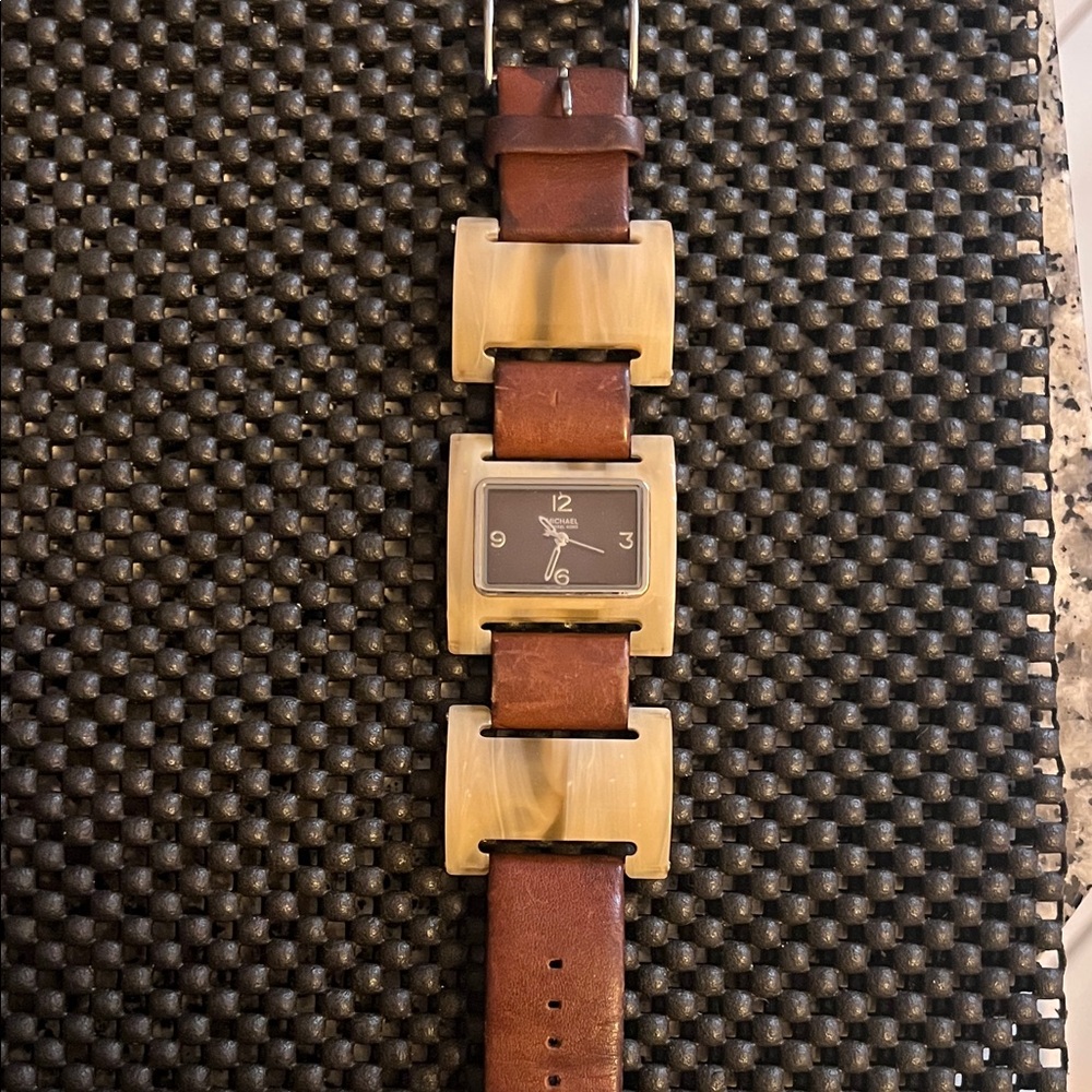 MK Brown Leather Strap Watch with Cream Accents